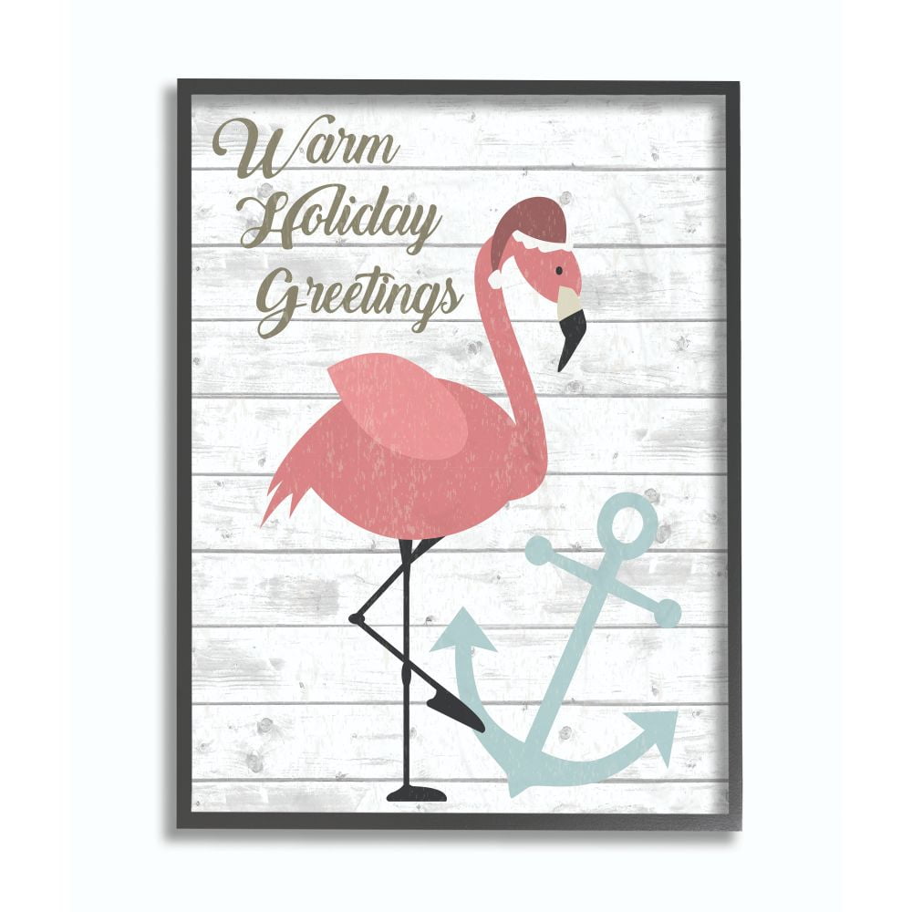 Stupell Industries Warm Holiday Greetings Pink Flamingo Wood Texture DesignFramed Wall Art By Artist ND Art