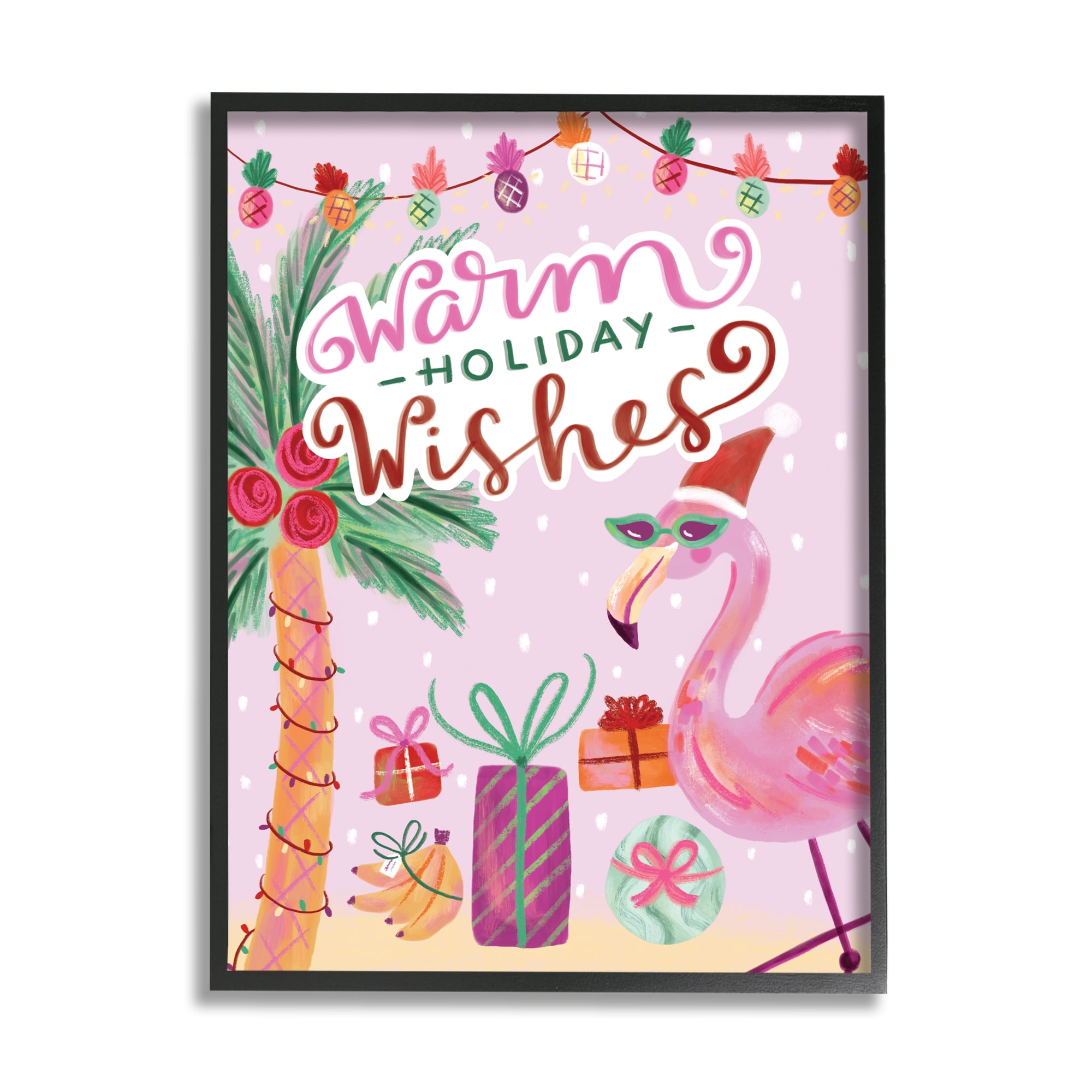 Stupell Industries Warm Holiday Wishes Phrase Tropical Pink Flamingo Animals & Insects Painting Black Framed Art Print Wall Art, 24 x 30