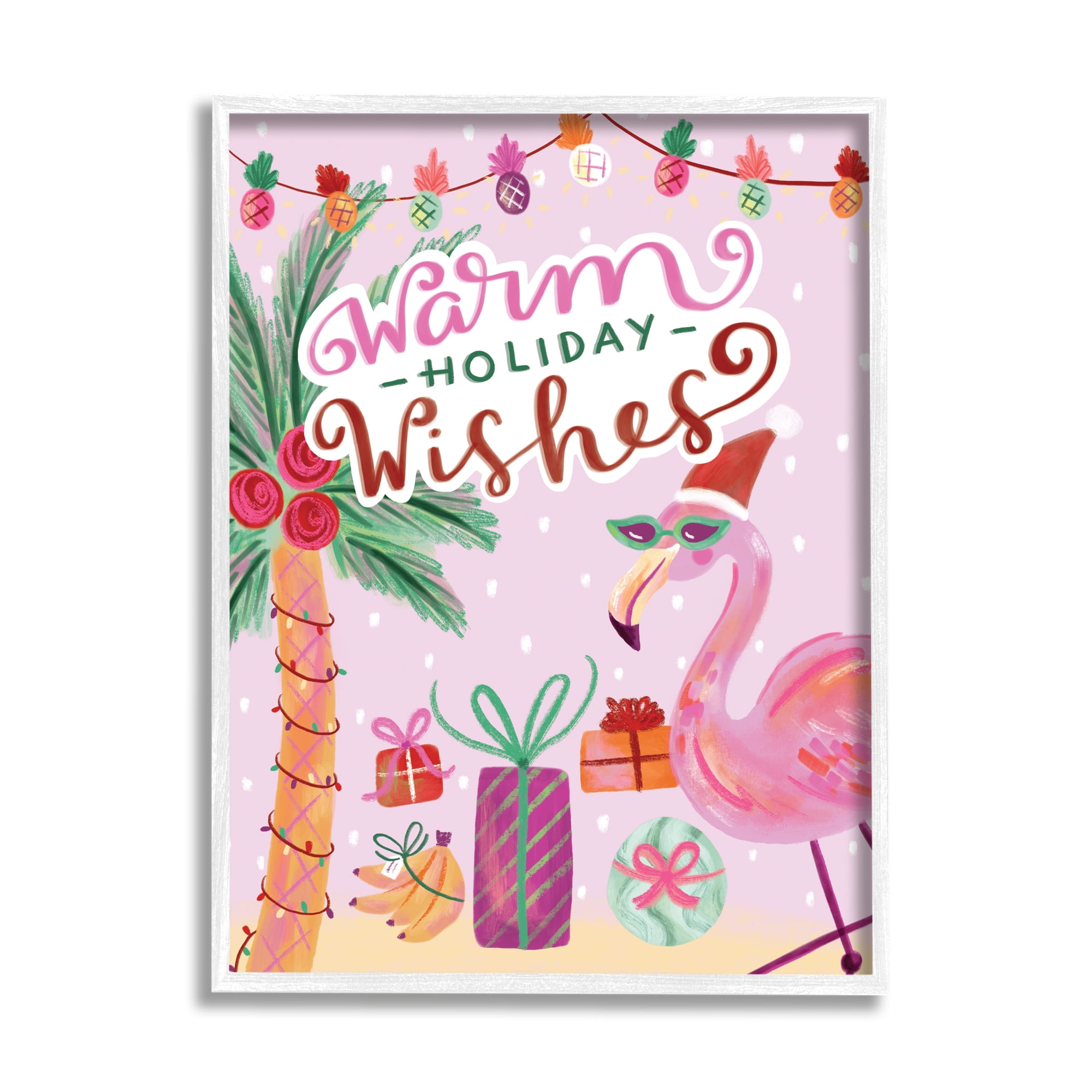 Stupell Industries Warm Holiday Wishes Phrase Tropical Pink Flamingo Animals & Insects Painting White Framed Art Print Wall Art, 16 x 20