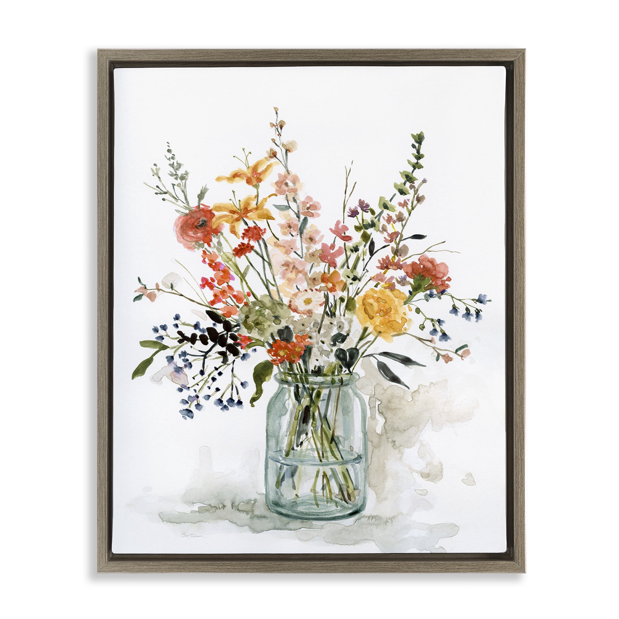 Stupell Industries Warm Summer Floral Bouquet Botanical & Floral Painting Brown Floater Framed Canvas Art Print Wall Art, 17 x 21