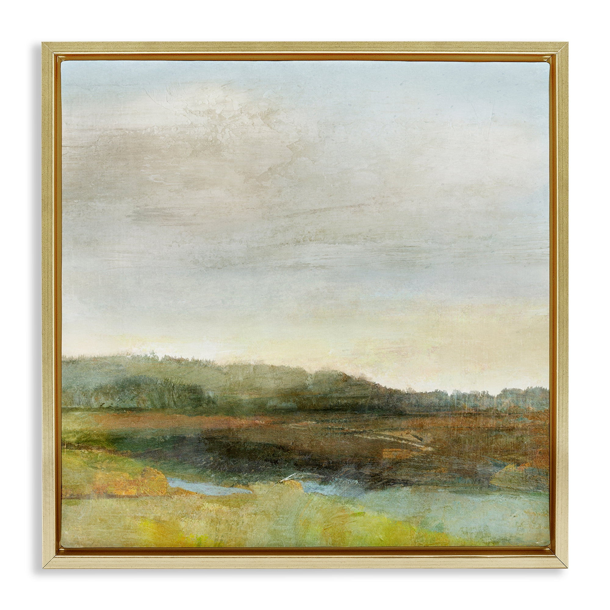 Stupell Industries Warm Summer Meadow Hills Landscape & Nature Painting Gold Floater Framed Canvas Art Print Wall Art, 18 x 18