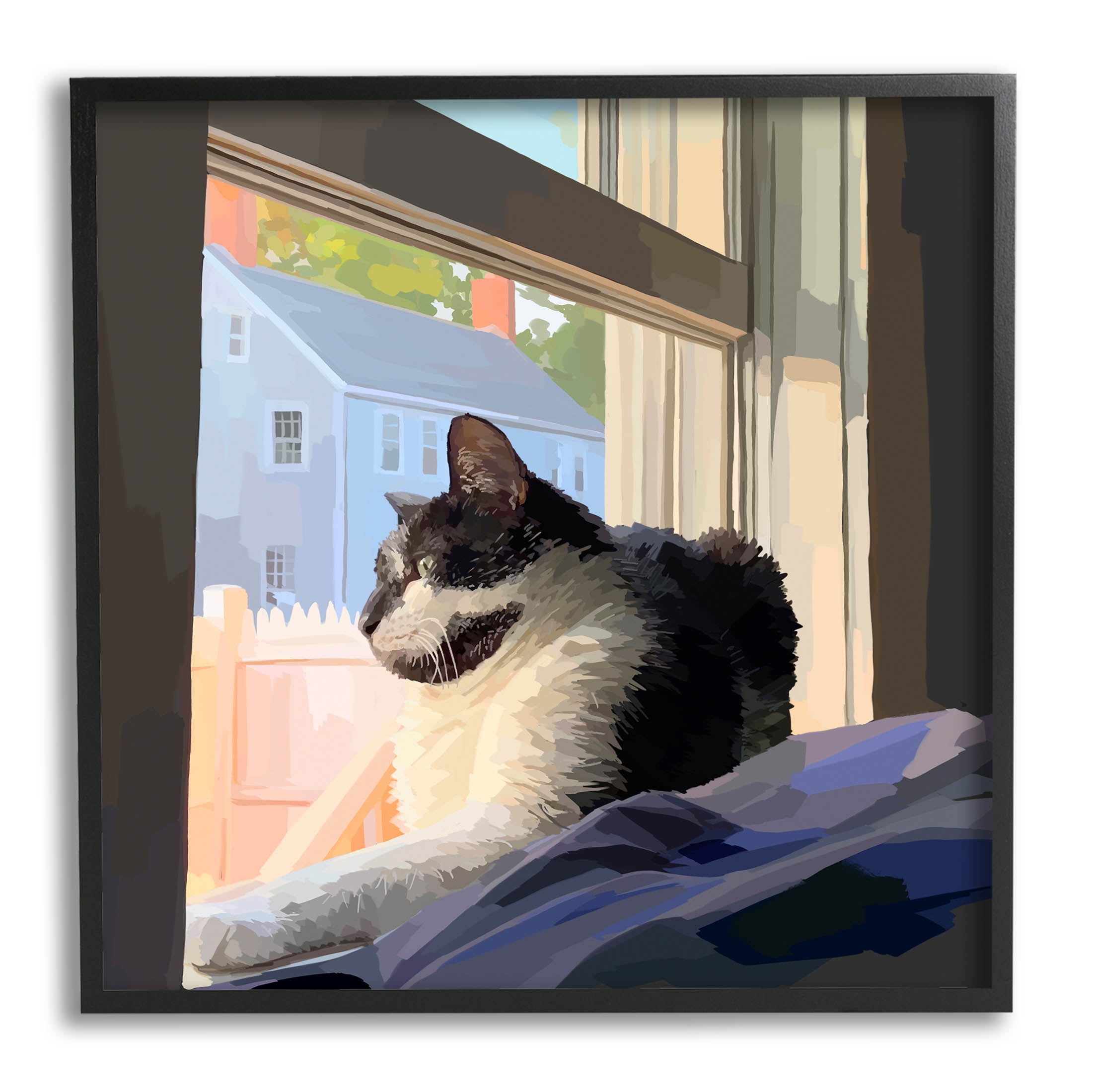 Sunlit Cat on Windowsill Canvas Print with Black Frame