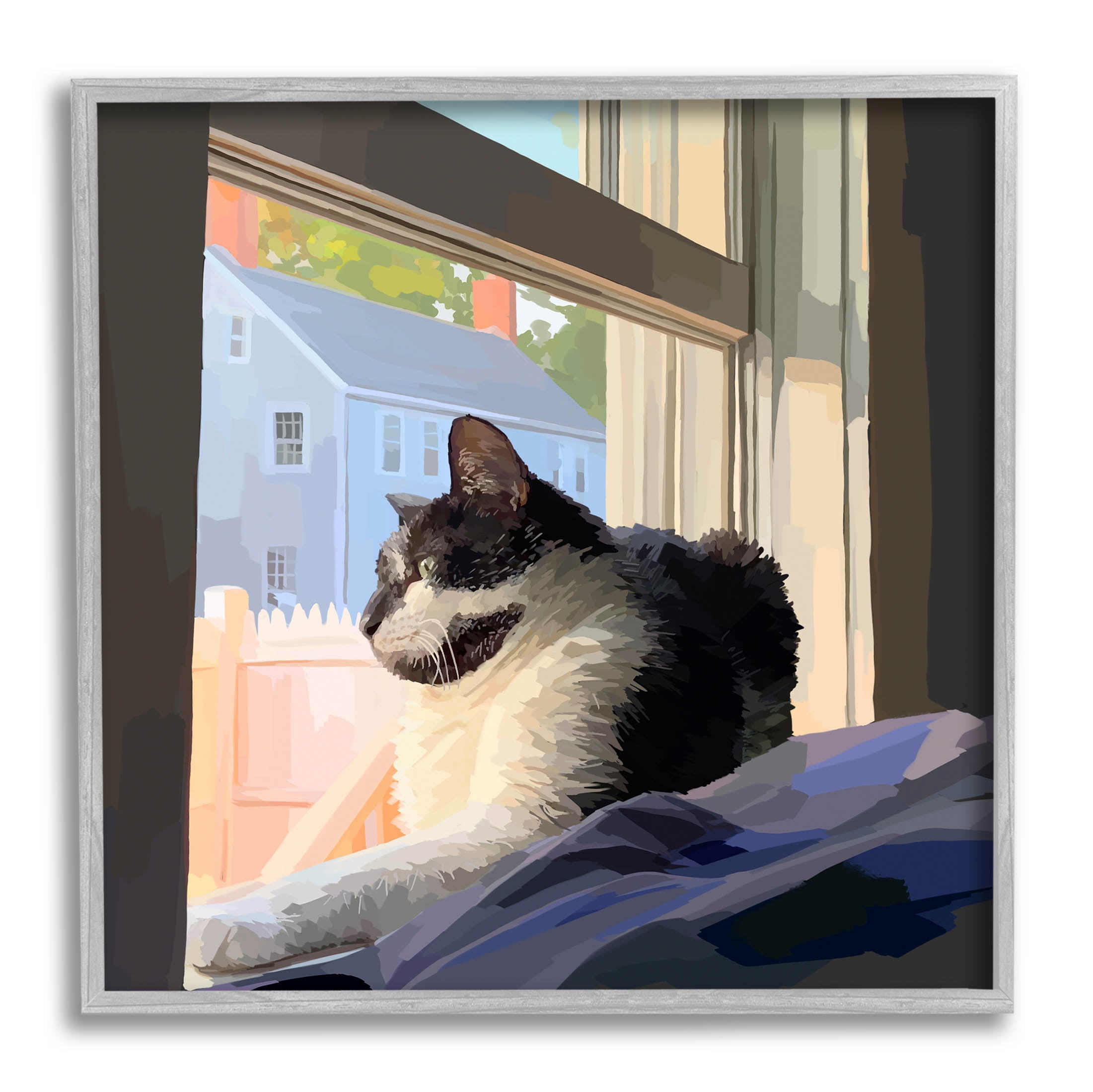 Stupell Industries Warm Sunlit Cat Neighborhood Windowsill Graphic Art Gray Framed Art Print Wall Art, Design by Emily Kalina