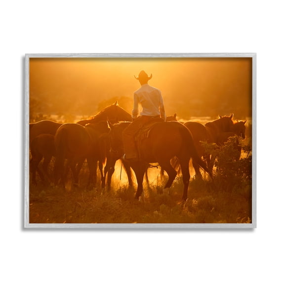 Stupell Industries Warm Sunlit Cowboy Riding Horse Rural Ranch Photograph Gray Framed Art Print Wall Art, Design by Lisa Dearing