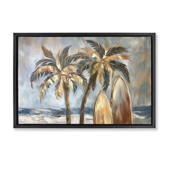 Stupell Industries Warm Tropical Surfboards Landscape & Nature Painting Black Floater Framed Canvas Art Print Wall Art, 25 x 17
