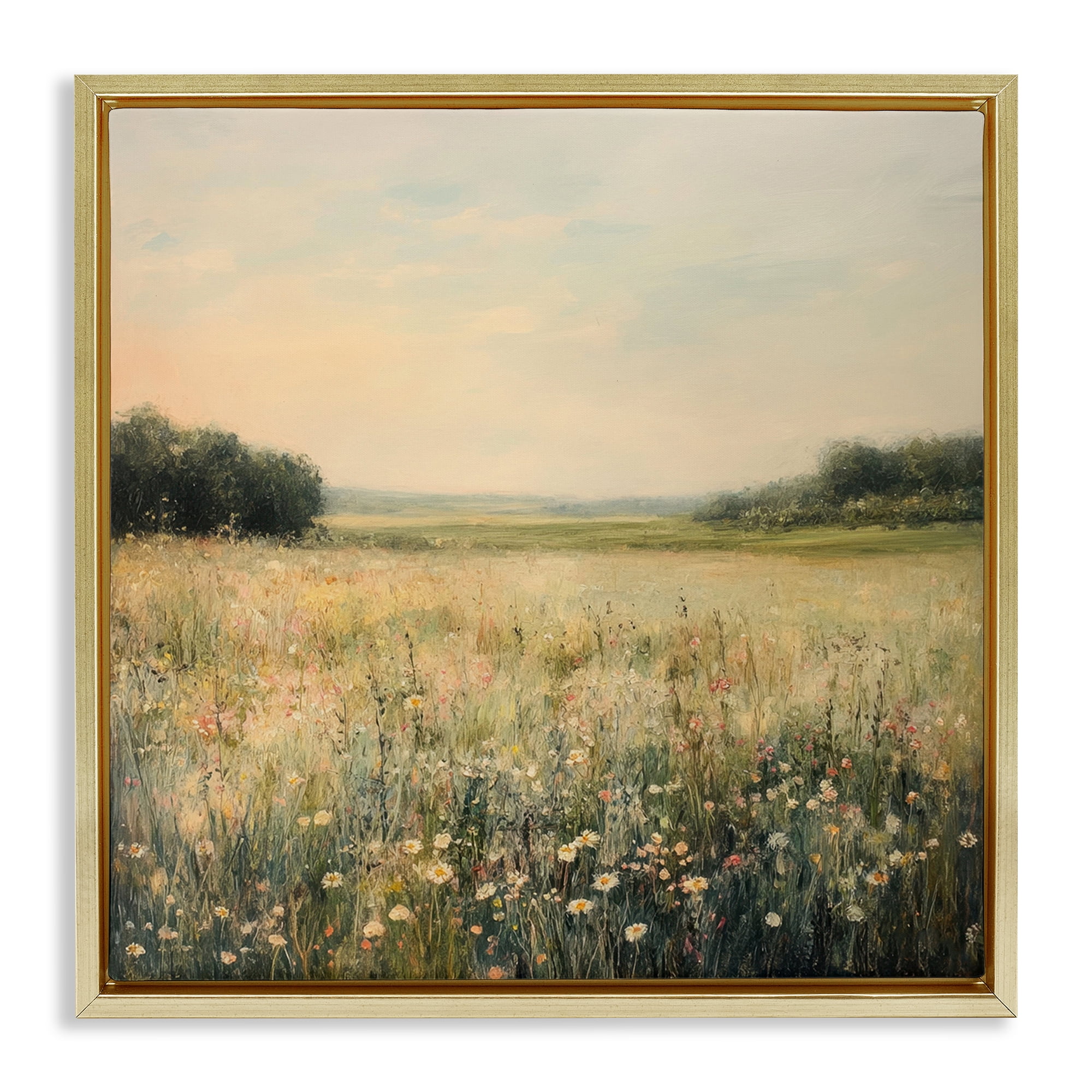 Stupell Industries Warm Wildflower Landscape Gold Framed Floater Canvas Wall Art design by Petal Prints Design, 18 x 18
