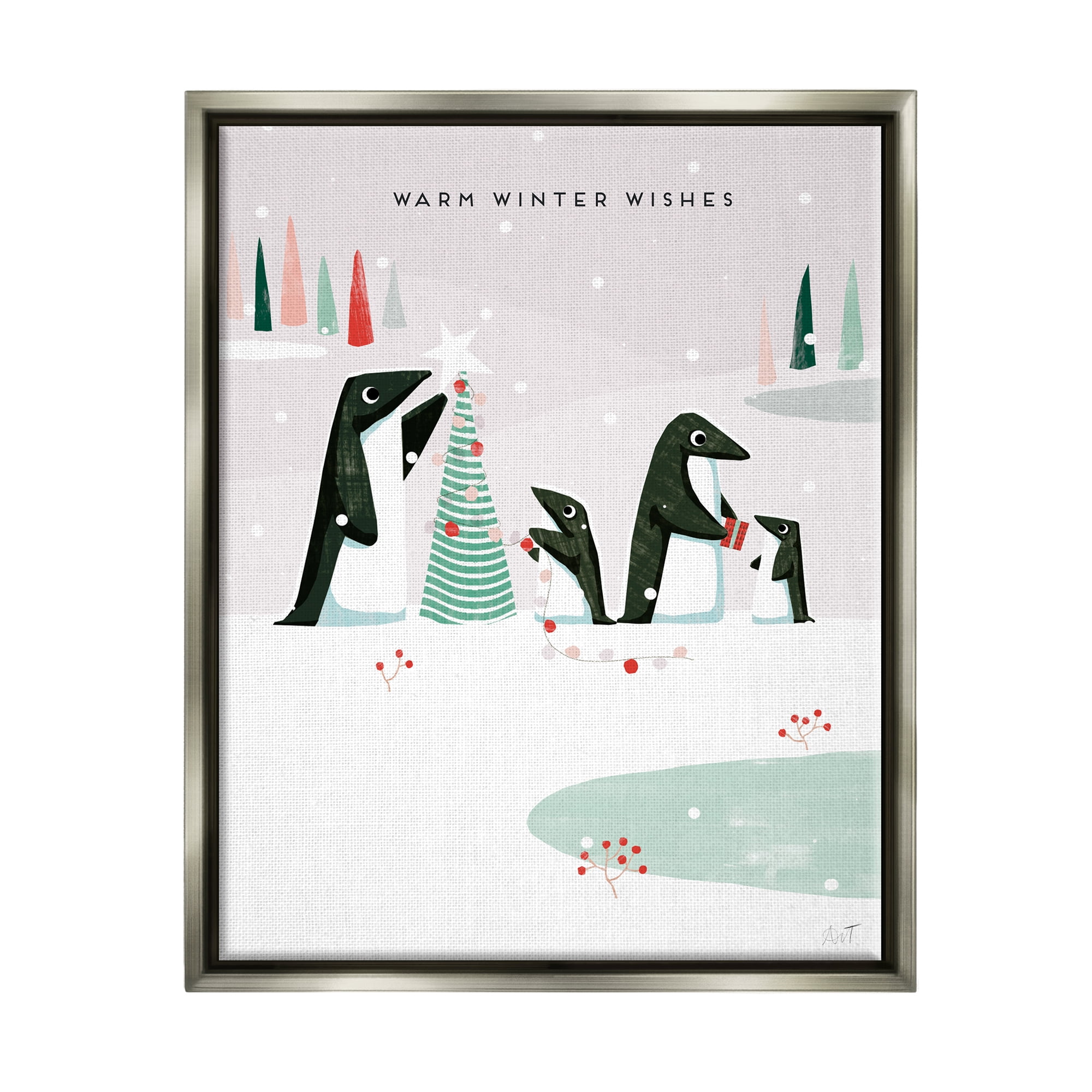Stupell Industries Warm Winter Wishes Snowy Penguins Holiday Painting Gray Floater Framed Art Print Wall Art