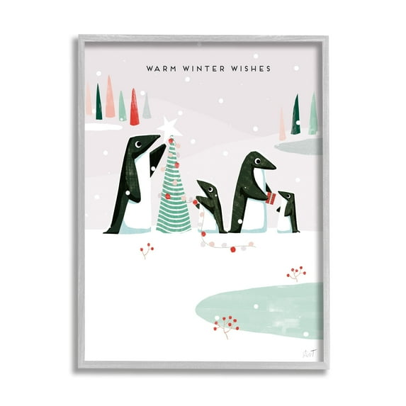 Stupell Industries Warm Winter Wishes Snowy Penguins Holiday Painting Gray Framed Art Print Wall Art