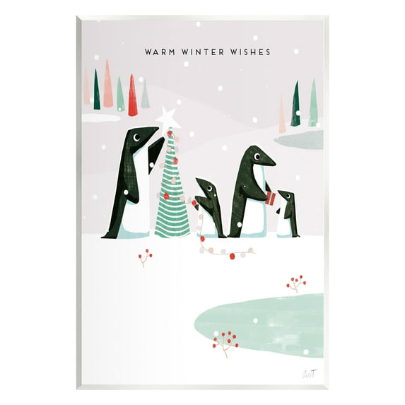 Stupell Industries Warm Winter Wishes Snowy Penguins Holiday Painting Unframed Art Print Wall Art
