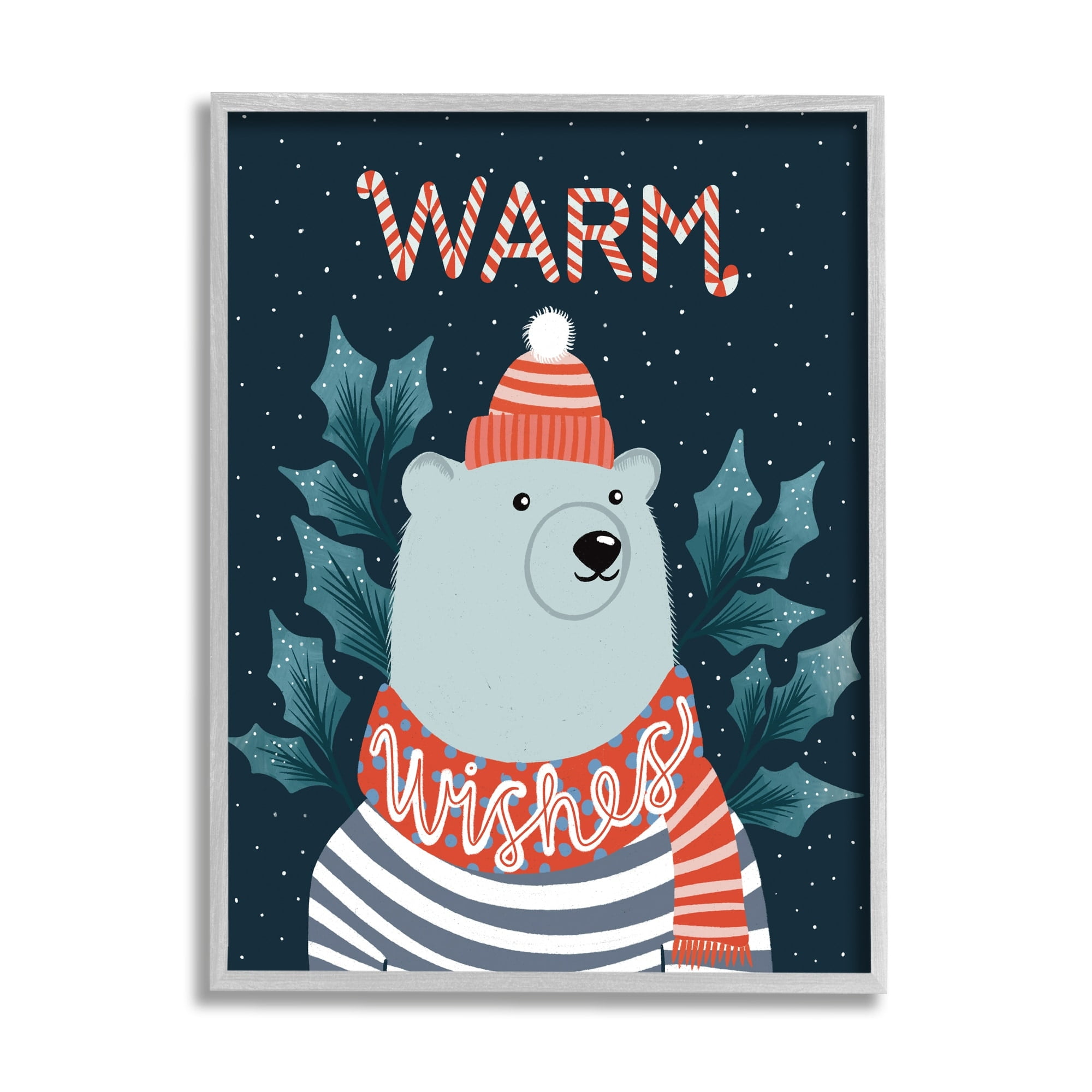 Stupell Industries Warm Wishes Cozy Polar Bear Seasonal Typography Graphic Art Gray Framed Art Print Wall Art, Design by Dominika Godette