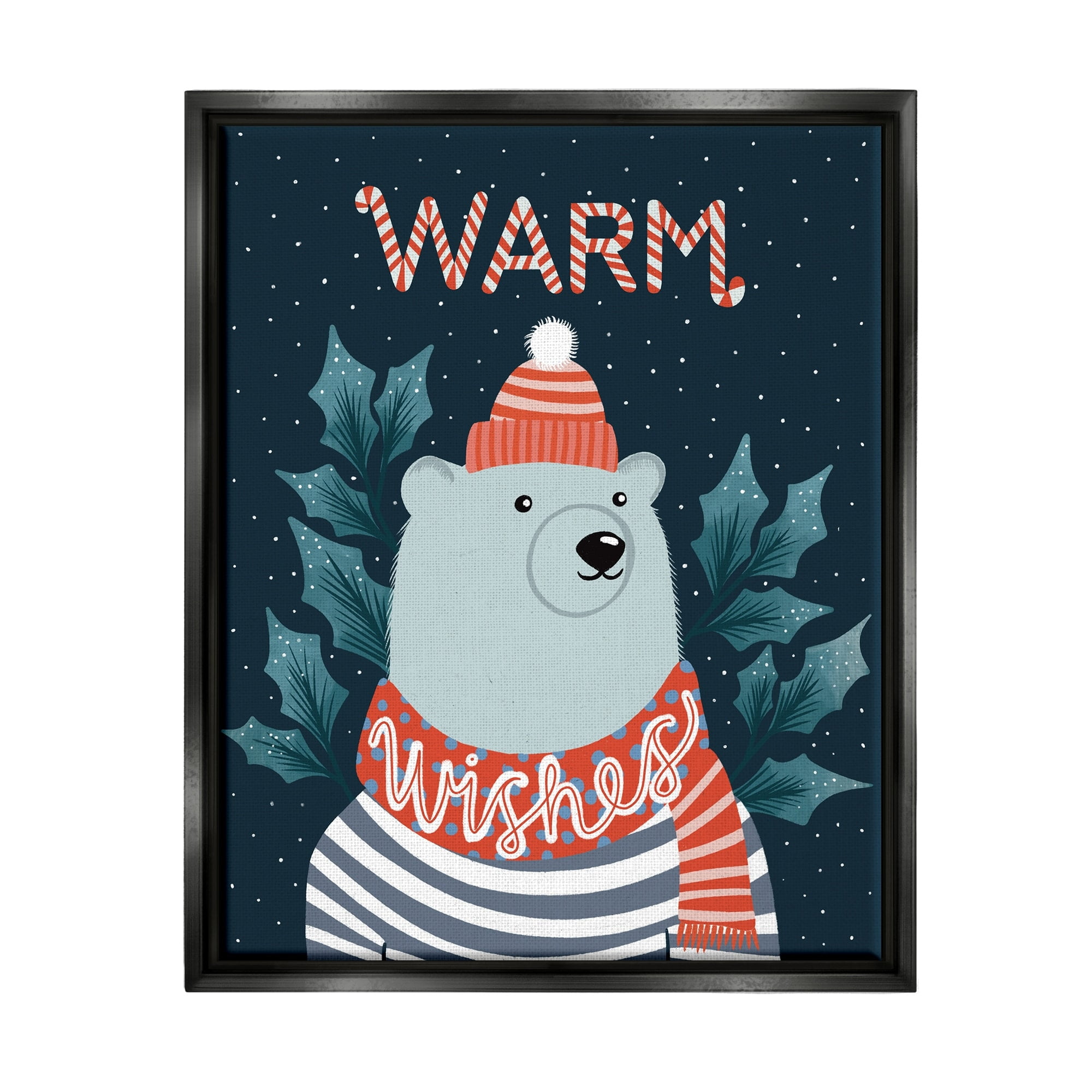 Stupell Industries Warm Wishes Cozy Polar Bear Seasonal Typography Graphic Art Jet Black Floating Framed Canvas Print Wall Art, Design by Dominika Godette
