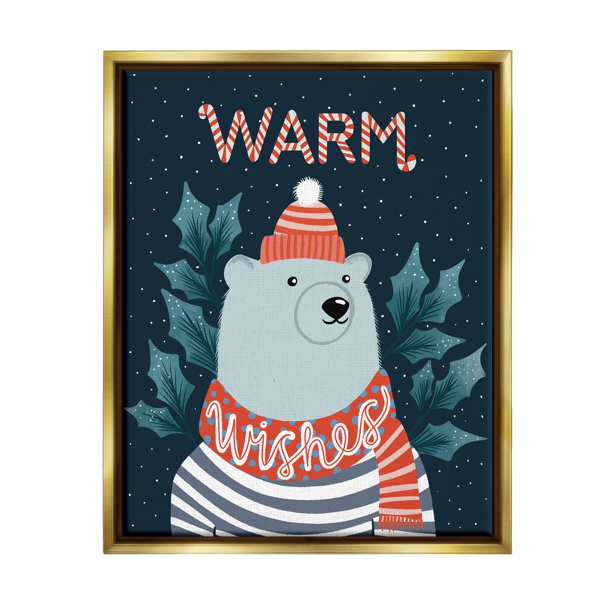 Stupell Industries Warm Wishes Cozy Polar Bear Seasonal Typography Graphic Art Metallic Gold Floating Framed Canvas Print Wall Art, Design by Dominika Godette