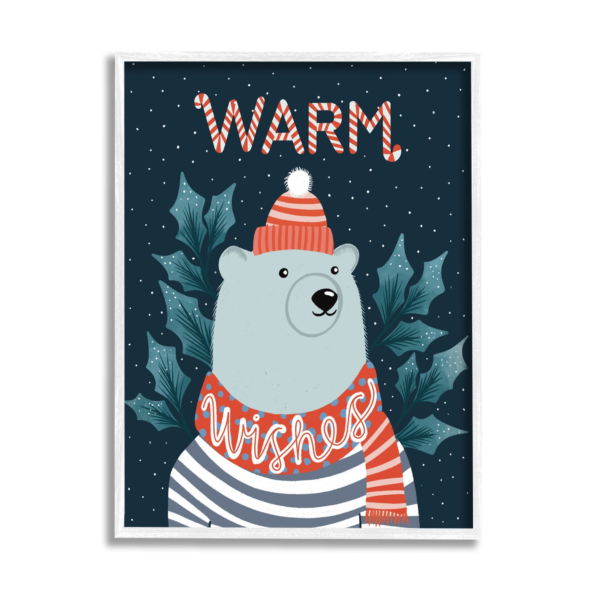Stupell Industries Warm Wishes Cozy Polar Bear Seasonal Typography Graphic Art White Framed Art Print Wall Art, Design by Dominika Godette