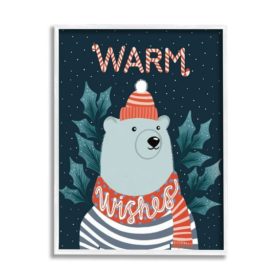 Stupell Industries Warm Wishes Cozy Polar Bear Seasonal Typography Graphic Art White Framed Art Print Wall Art, Design by Dominika Godette