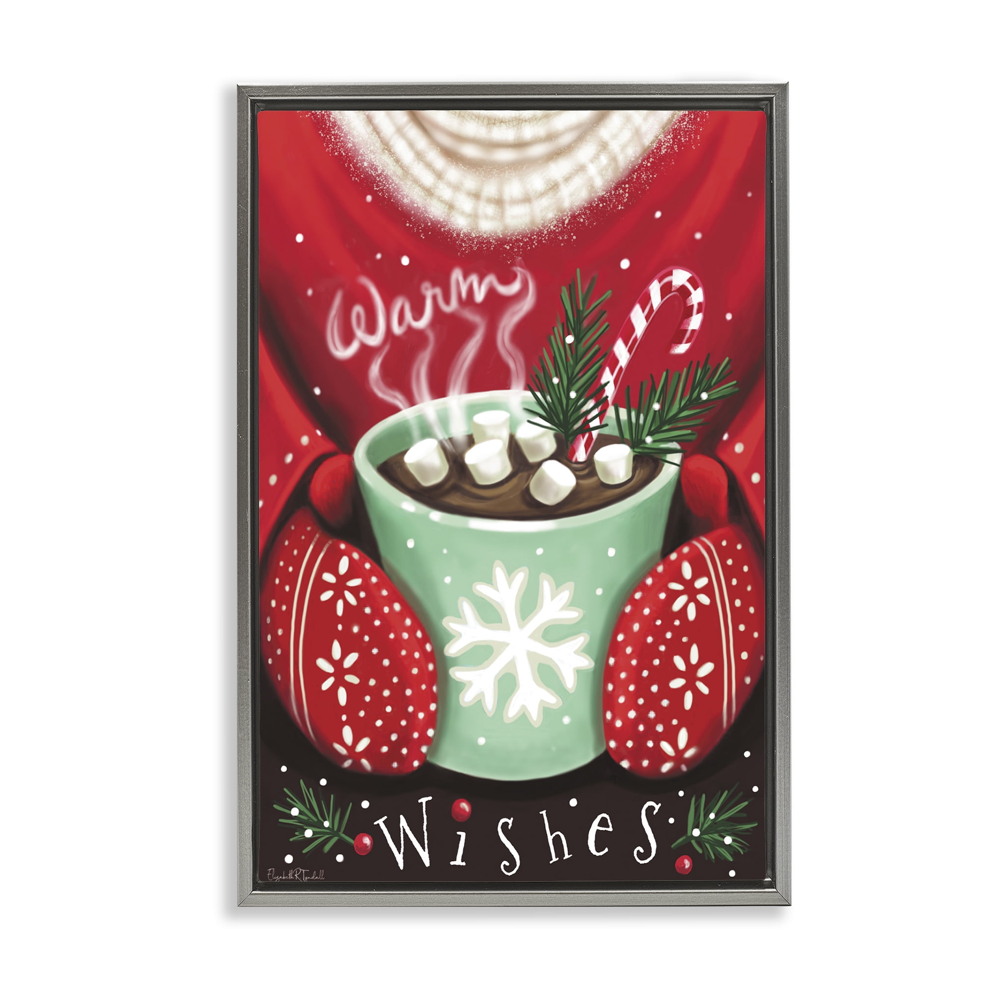 Stupell Industries Warm Wishes Hot Cocoa Holiday Painting Gray Floater Framed Art Print Wall Art, 21 x 31