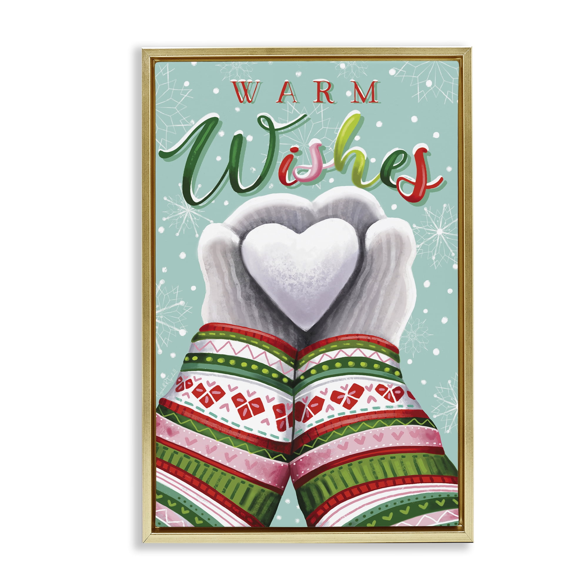 Stupell Industries Warm Wishes with Heart Holiday Painting Gold Floater Framed Art Print Wall Art, 21 x 31