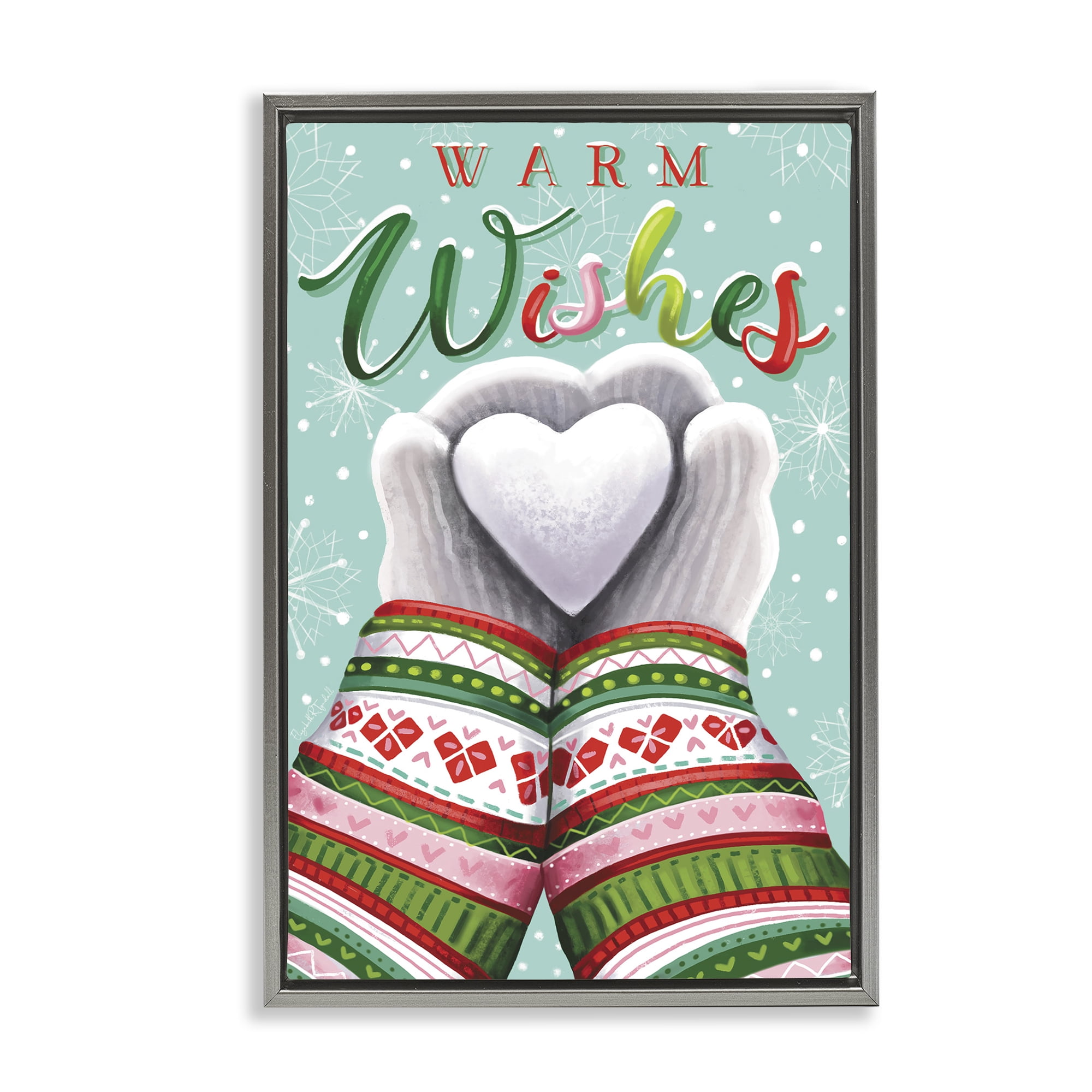 Stupell Industries Warm Wishes with Heart Holiday Painting Gray Floater Framed Art Print Wall Art, 21 x 31