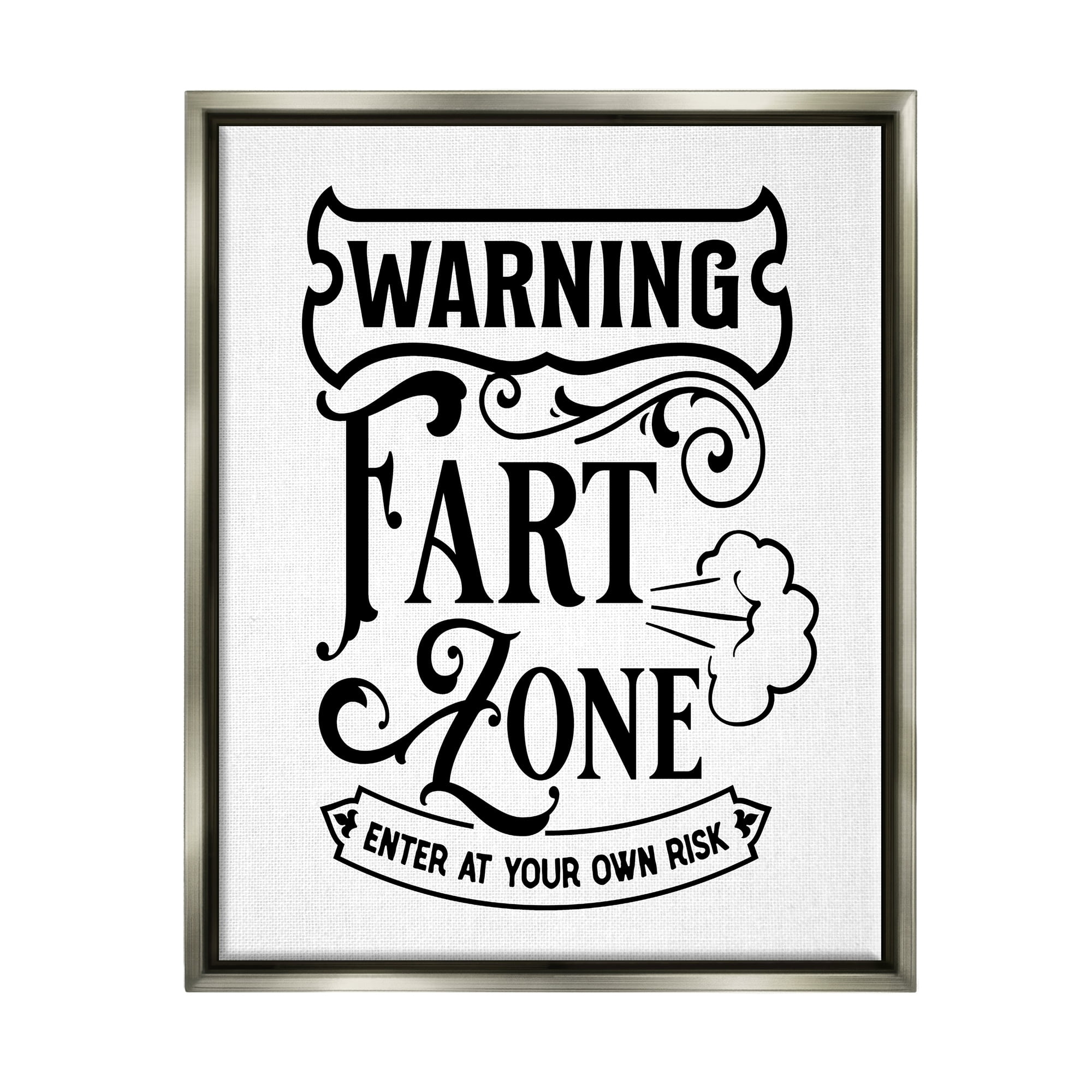 Stupell Industries Warning Fart Zone Funny Bathroom Vintage Style Graphic Art Luster Gray Floating Framed Canvas Print Wall Art, Design by Lettered and Lined