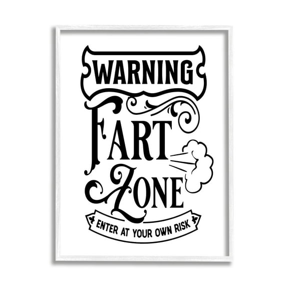 Stupell Industries Warning Fart Zone Funny Bathroom Vintage Style Graphic Art White Framed Art Print Wall Art, Design by Lettered and Lined