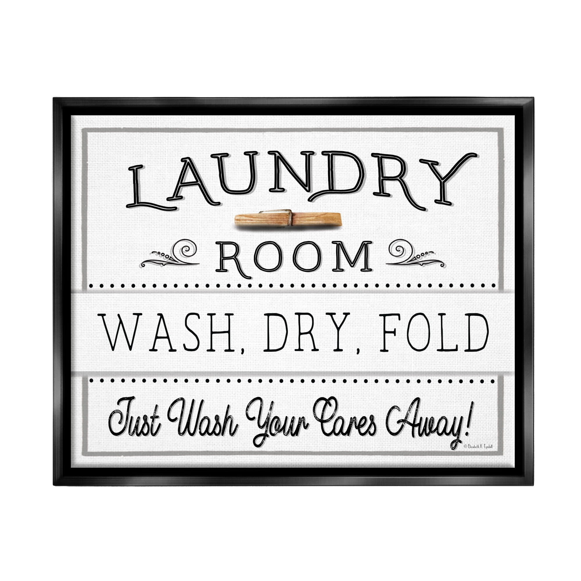 Stupell Industries Wash Cares Away Laundry Typography Painting Black Floater Framed Canvas Art Print Wall Art, 21 x 17