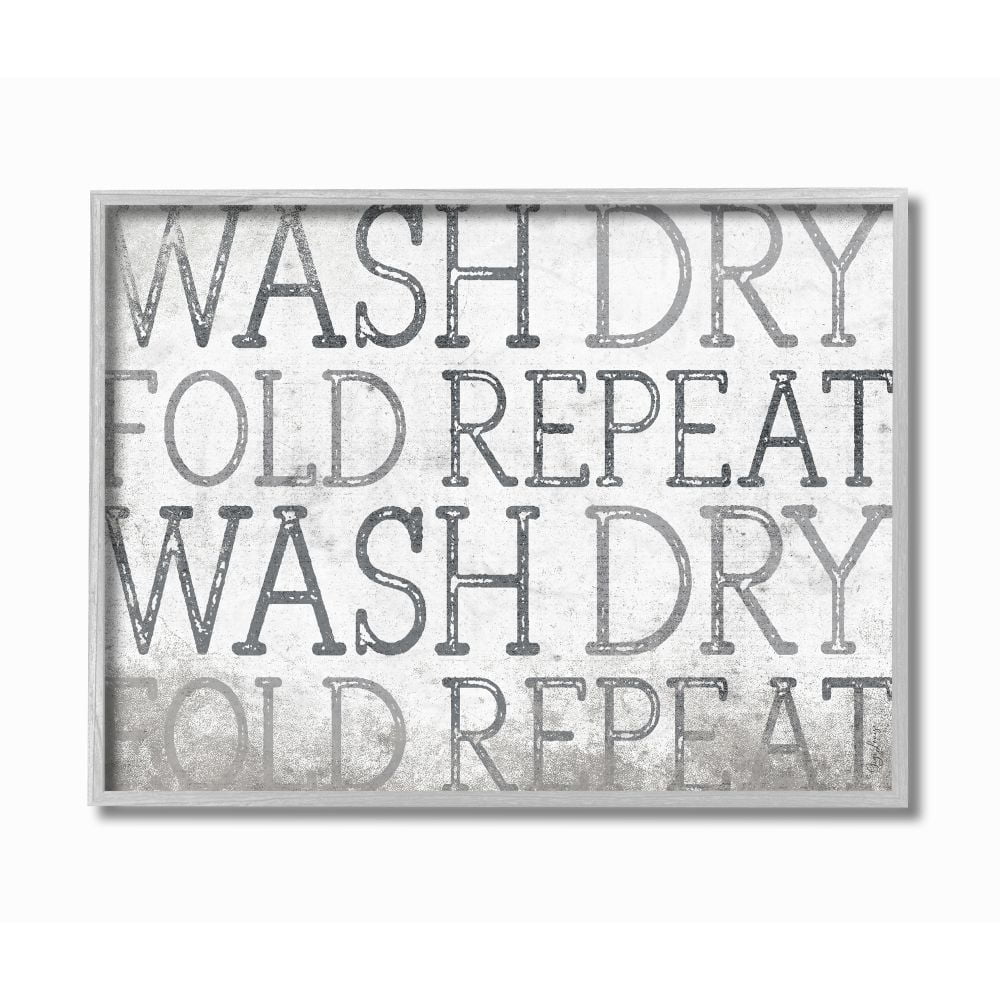 Stupell Industries Wash Dry Laundry Bathroom Textured Word Design Gray Farmhouse Rustic Framed Giclee Texturized Art by Gigi Louise