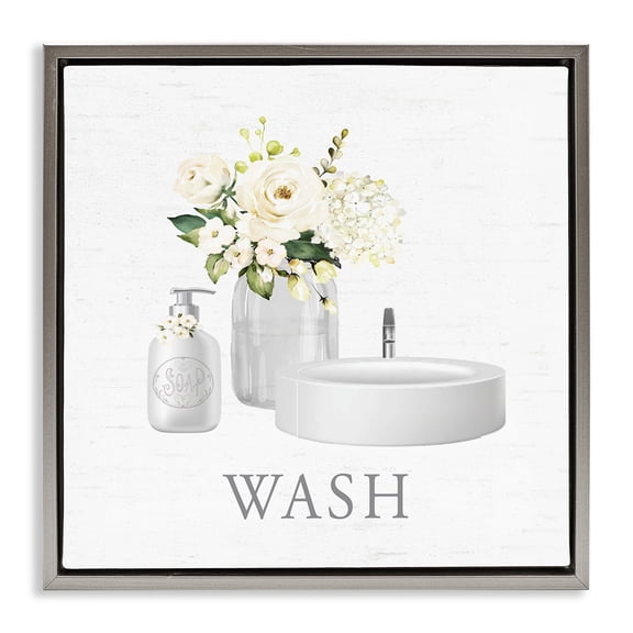Stupell Industries Wash Hands Bathroom Hygiene Floral Painting Gray Floater Framed Canvas Art Print Wall Art, 25 x 25