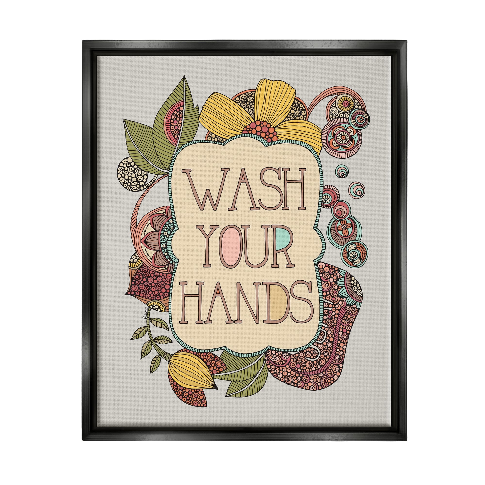 Stupell Industries Wash Your Hands Bathroom Sign Intricate Floral Details Graphic Art Jet Black Floating Framed Canvas Print Wall Art, Design by Valentina Harper