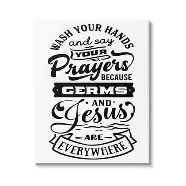 Stupell Industries Wash Hands & Prayers Witty Religious Bathroom Sign Graphic Art Gallery Wrapped Canvas Print Wall Art, Design by Lettered and Lined