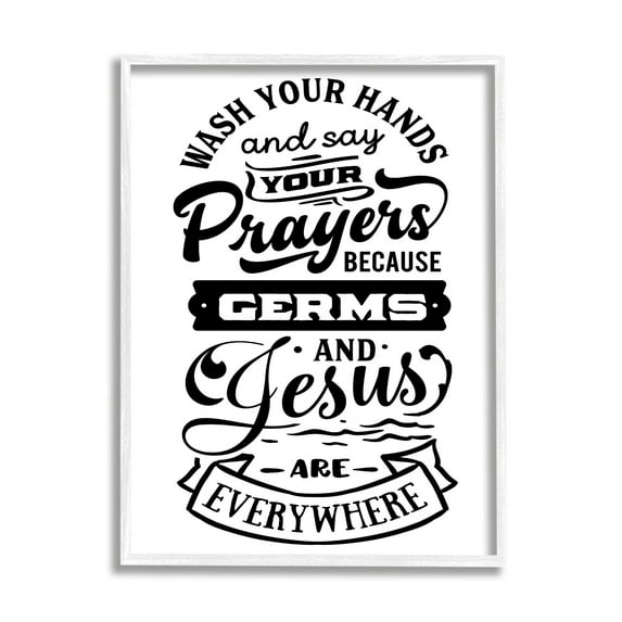 Stupell Industries Wash Hands & Prayers Witty Religious Bathroom Sign Graphic Art White Framed Art Print Wall Art, Design by Lettered and Lined