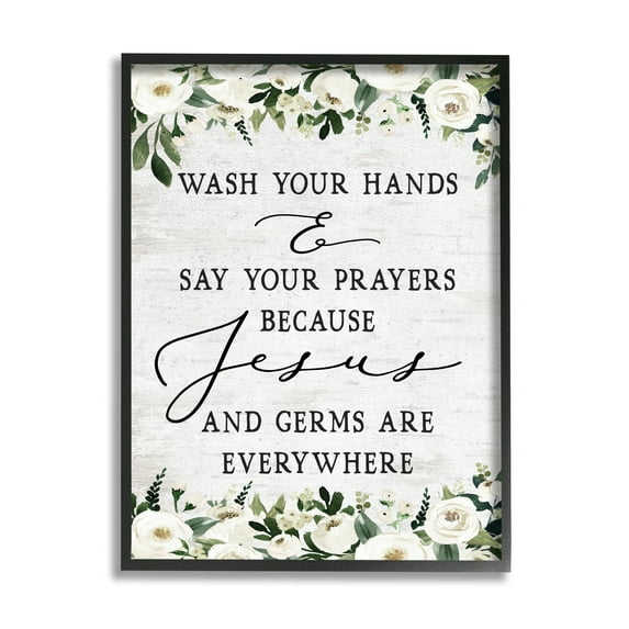 Stupell Industries Wash Hands Say Prayers Jesus Germs Everywhere Phrase Graphic Art Black Framed Art Print Wall Art, 11x14, by Lettered and Lined