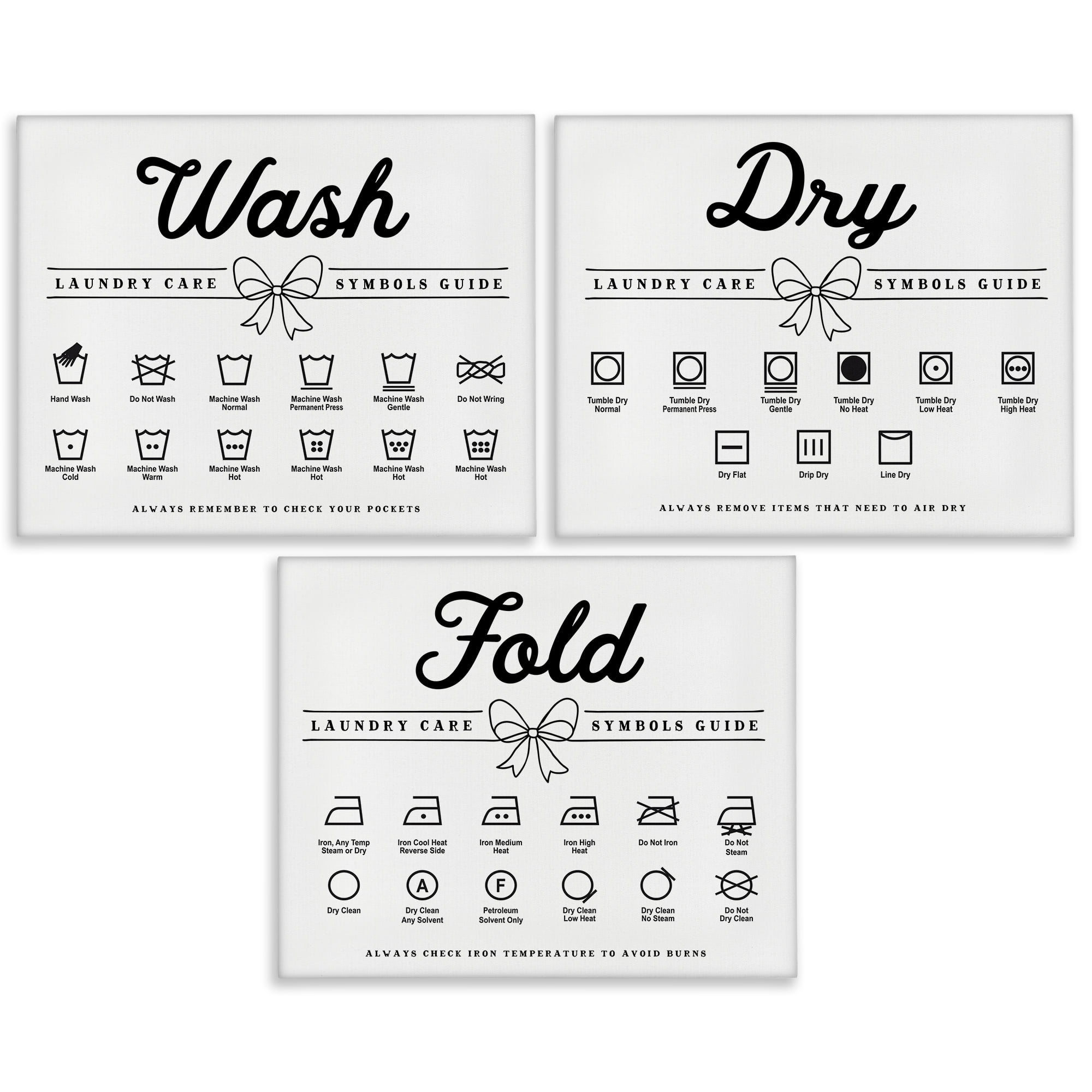 Stupell Industries Wash Laundry Symbols Bow Accent 3 Piece Canvas Wall ...