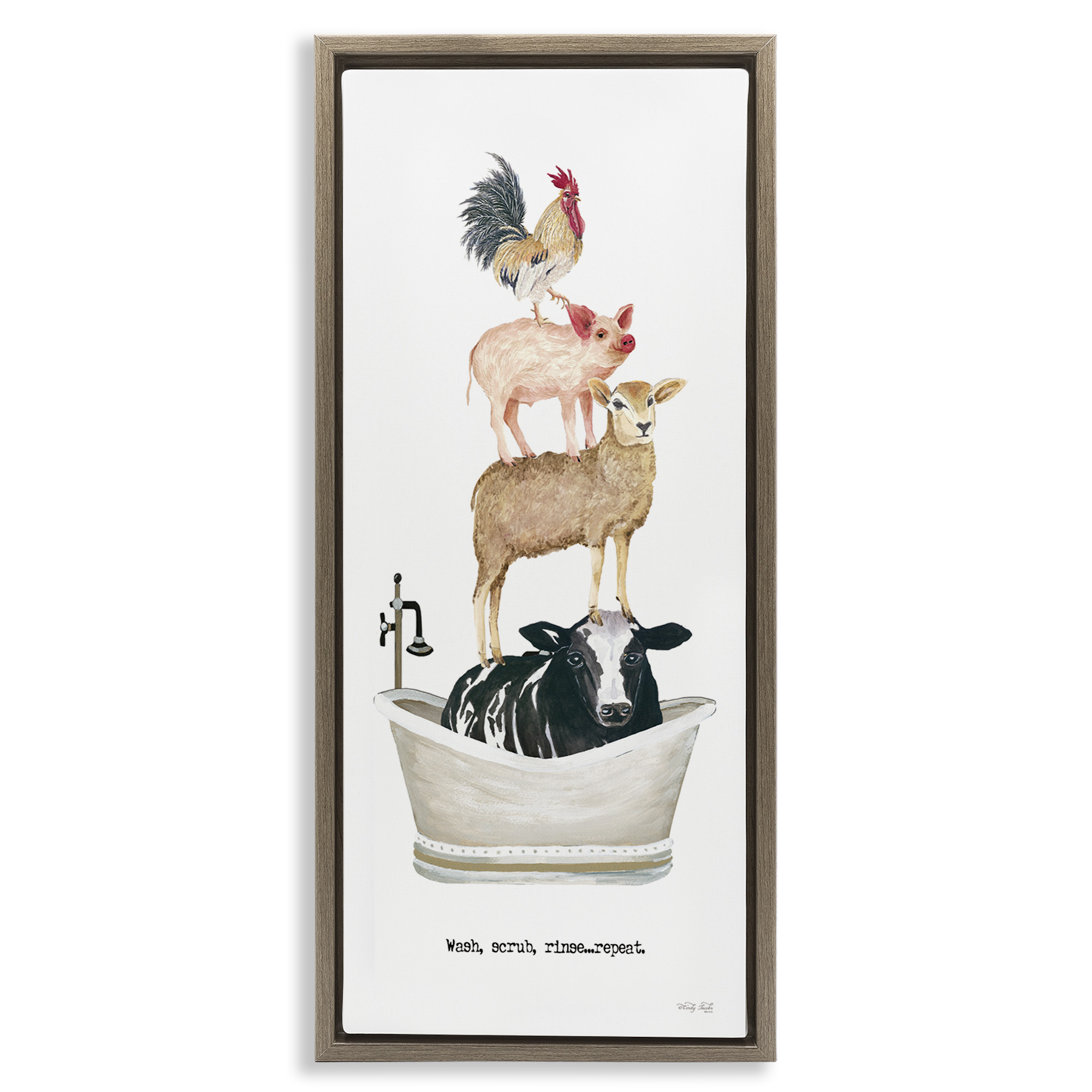 Stupell Industries Wash Scrub Rinse Animals Animals & Insects Painting Brown Floater Framed Canvas Art Print Wall Art, 11 x 25
