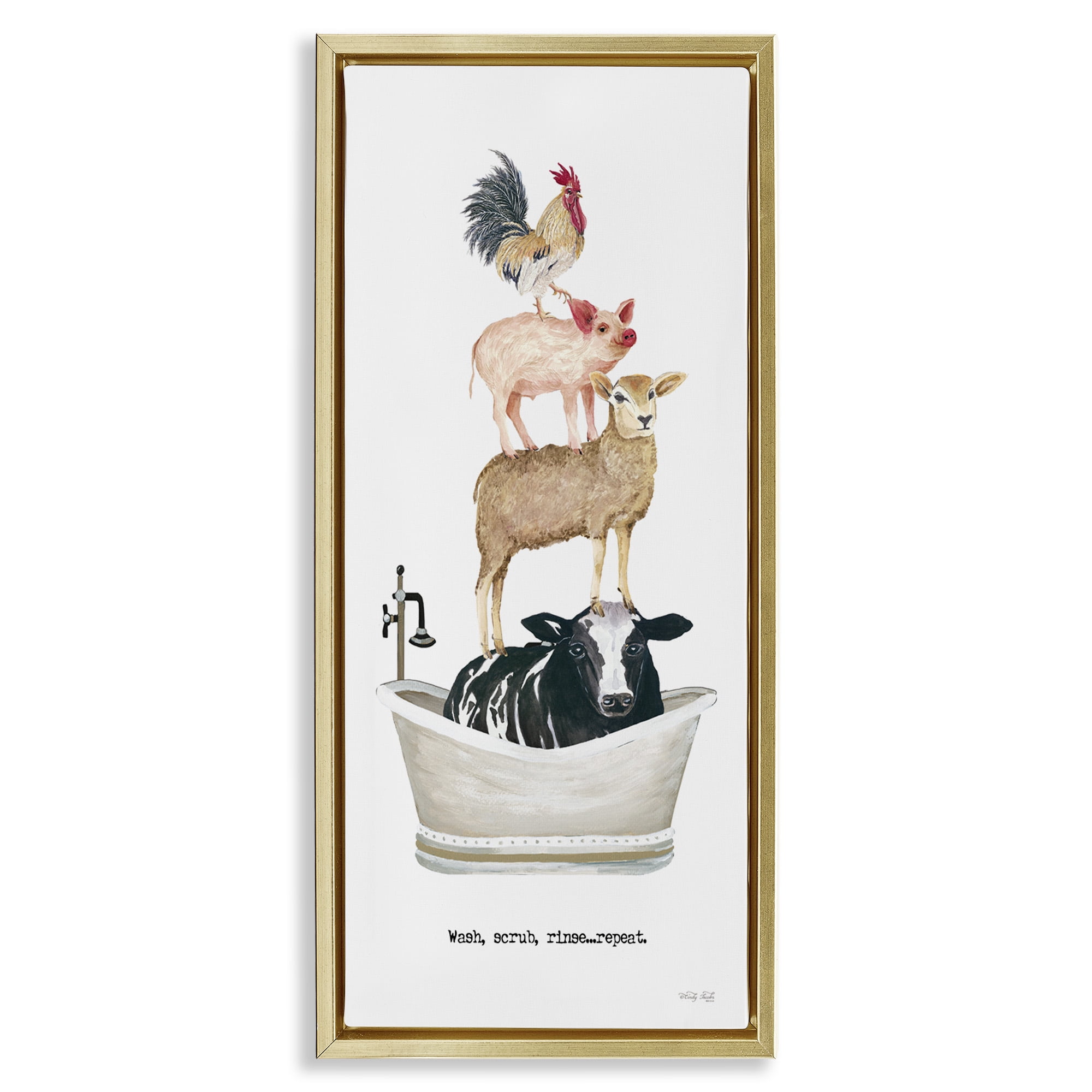 Stupell Industries Wash Scrub Rinse Animals Animals & Insects Painting Gold Floater Framed Canvas Art Print Wall Art, 11 x 25
