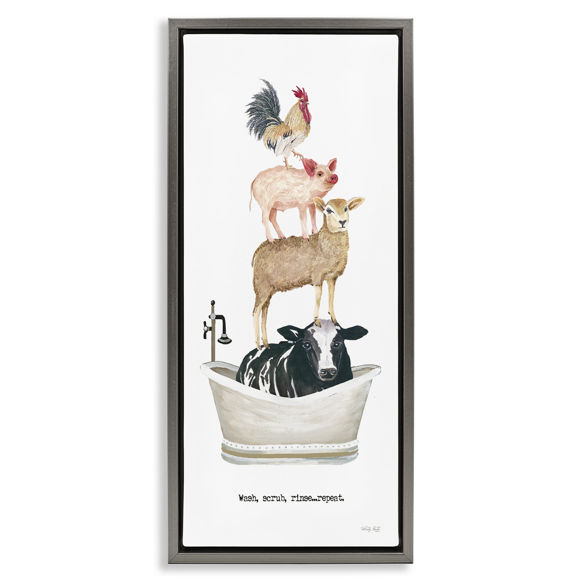 Stupell Industries Wash Scrub Rinse Animals Animals & Insects Painting Gray Floater Framed Canvas Art Print Wall Art, 15 x 31