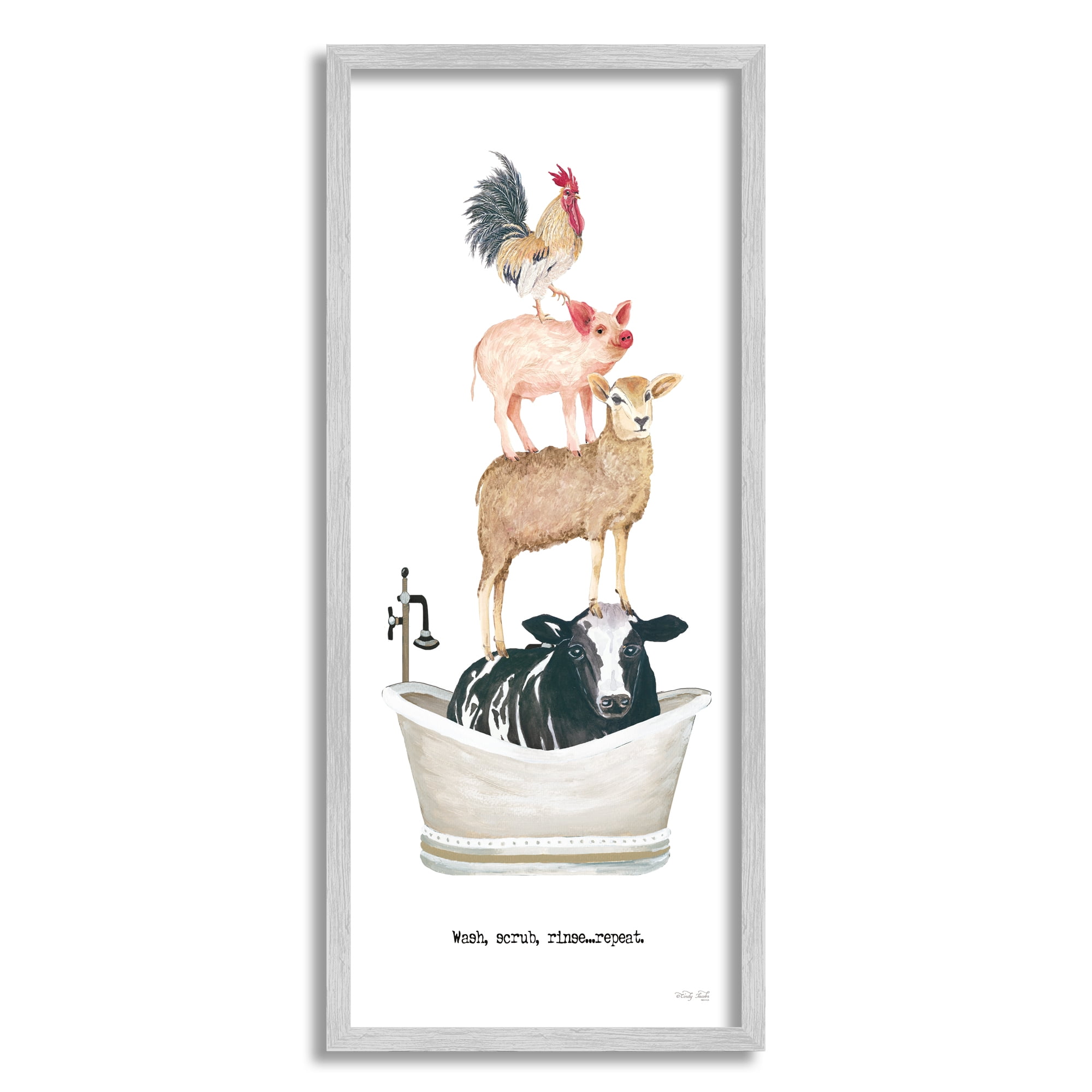 Stupell Industries Wash Scrub Rinse Animals Animals & Insects Painting Gray Framed Art Print Wall Art, 13 x 30