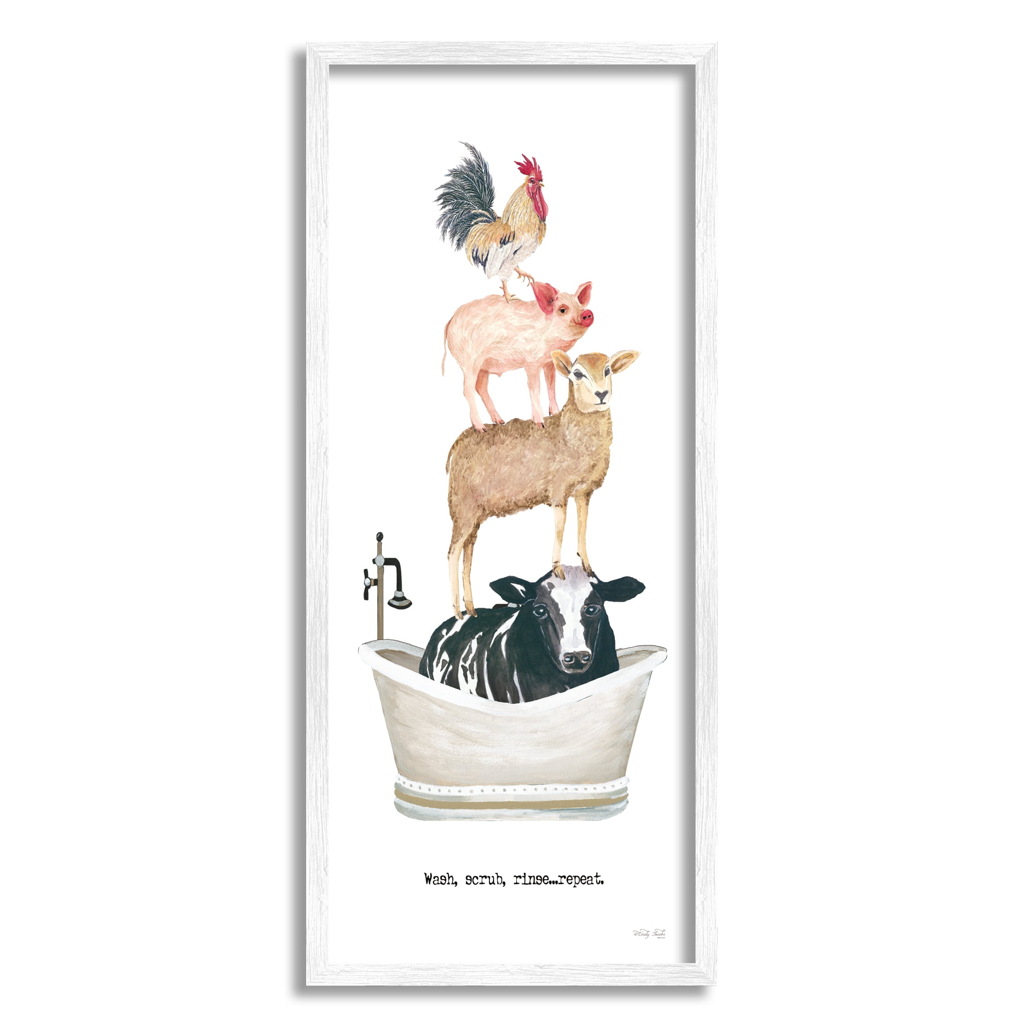 Stupell Industries Wash Scrub Rinse Animals Animals & Insects Painting White Framed Art Print Wall Art, 10 x 24