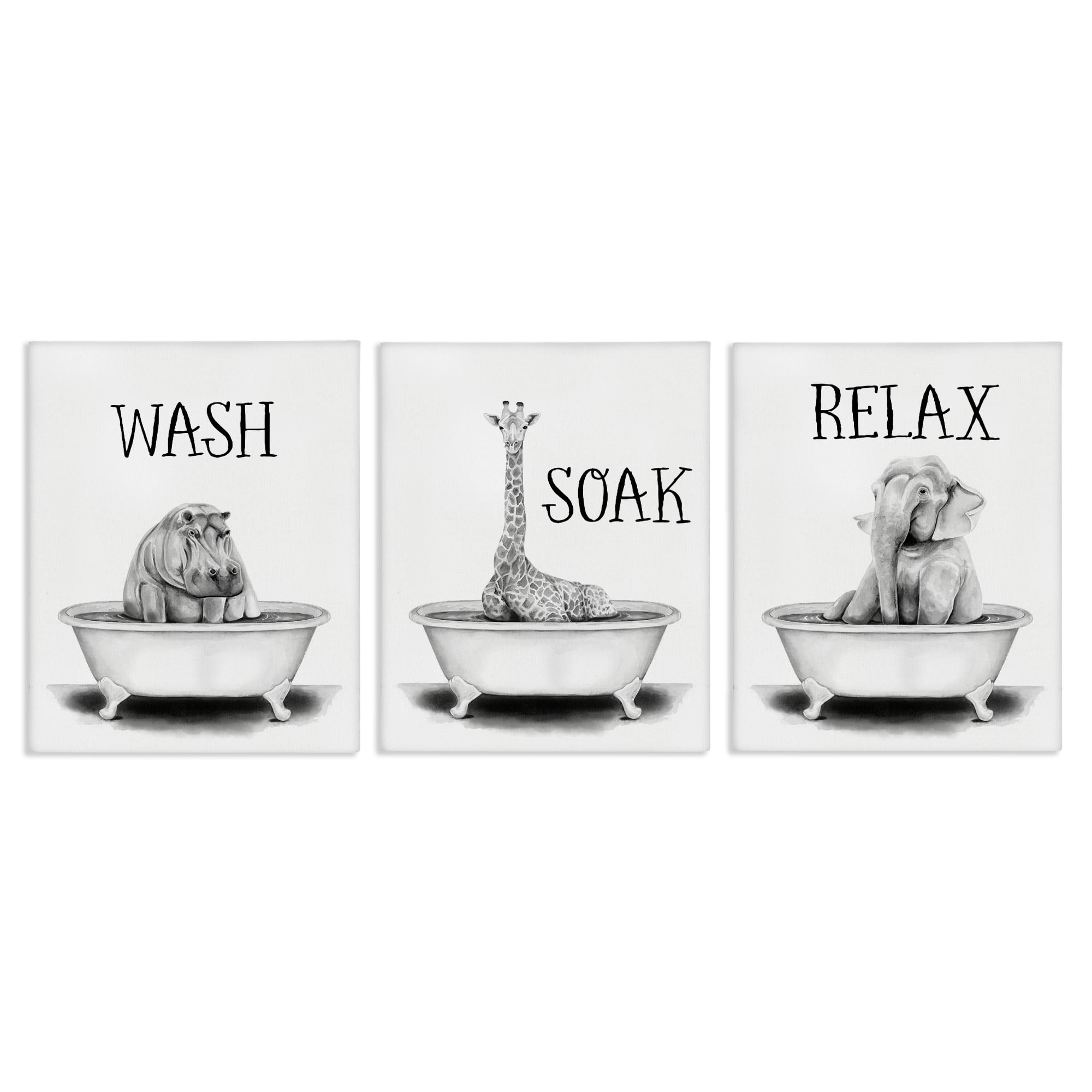 Stupell Industries Wash Soak And Relax Jungle Animal Bath Tub Canvas Wall Art Design by Rachel Nieman, 3 Piece, 24" x 30"