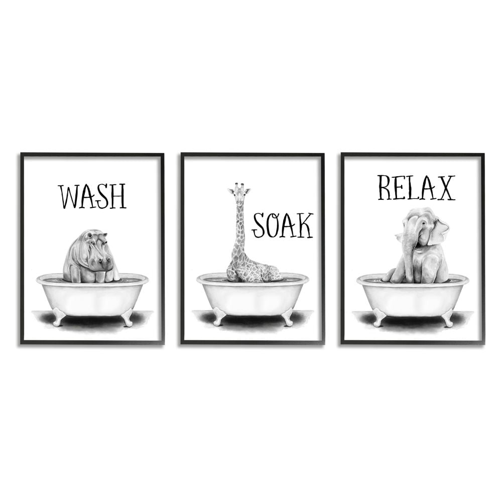 Black Framed Jungle Animal Bath Tub Canvas Wall Art Set