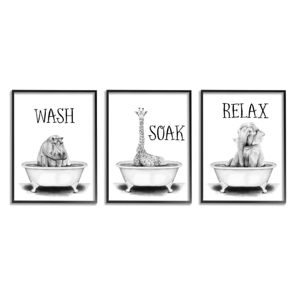 Stupell Industries Wash Soak And Relax Jungle Animal Bath Tub Framed Wall Art Design by Rachel Nieman, 3 Piece, 11" x 14", Black Framed