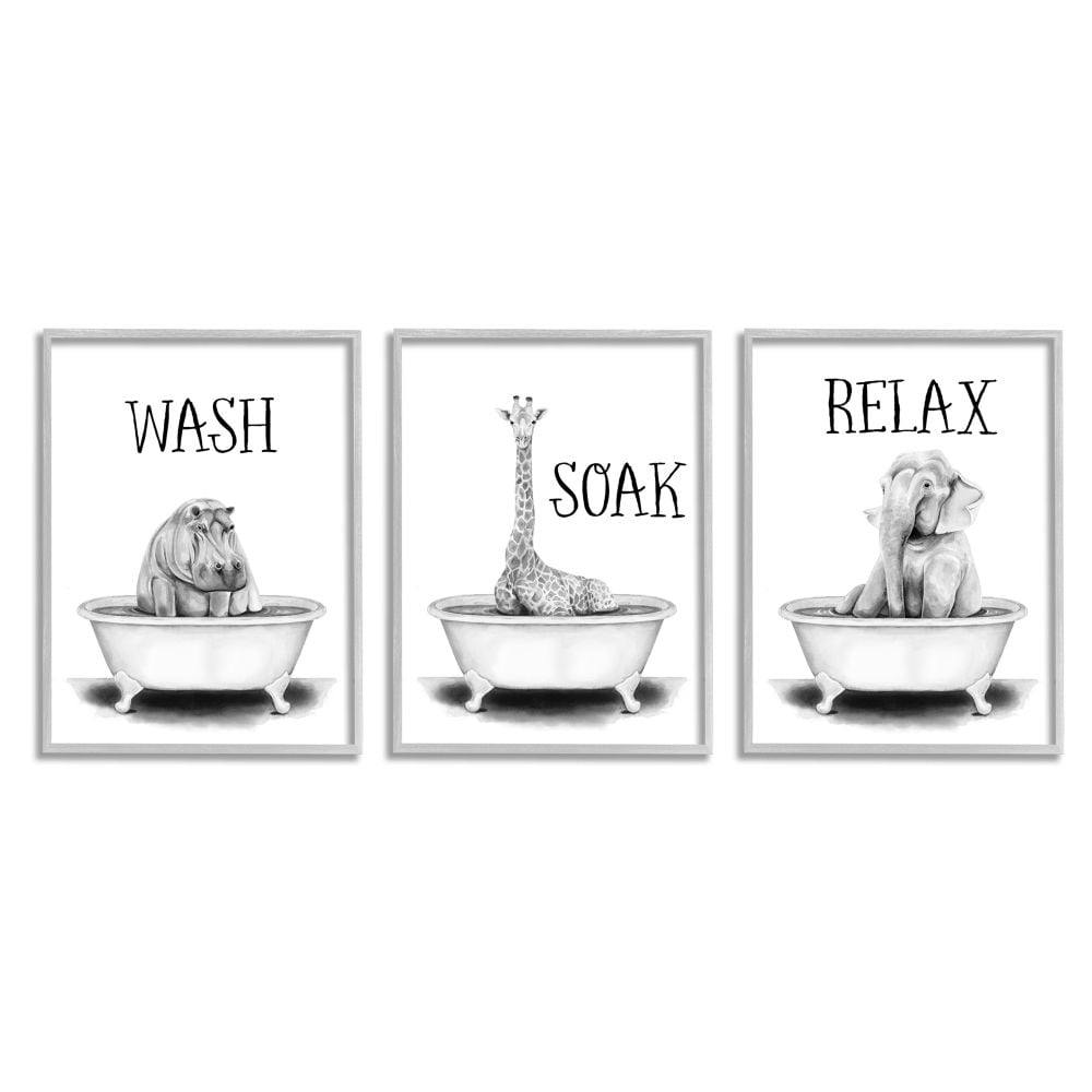 Stupell Industries Wash Soak And Relax Jungle Animal Bath Tub Framed Wall Art Design by Rachel Nieman, 3 Piece, 11" x 14", Gray Framed