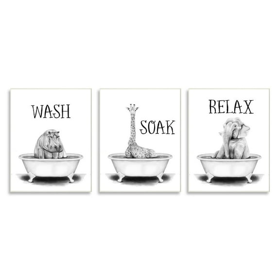 Stupell Industries Wash Soak And Relax Jungle Animal Bath Tub Graphic Art Unframed Art Print Wall Art Set of 3, 10x15, by Rachel Nieman