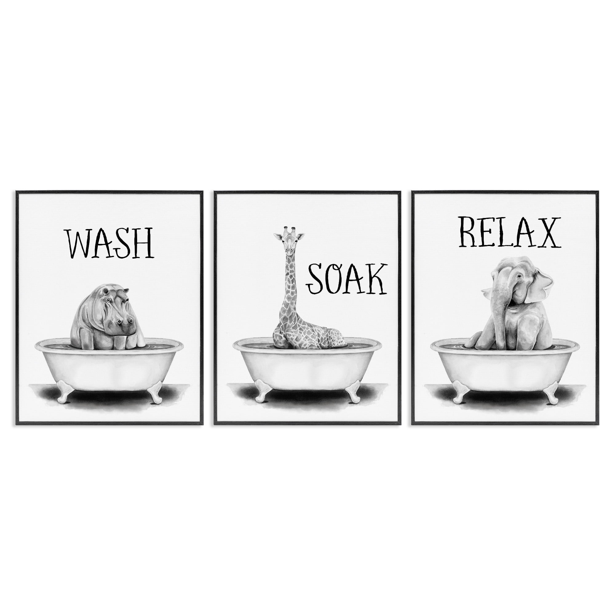 Stupell Industries Wash Soak Relax Jungle Animals Animals & Insects Painting Black Framed Art Print Wall Art, 24 x 30, Set of 3