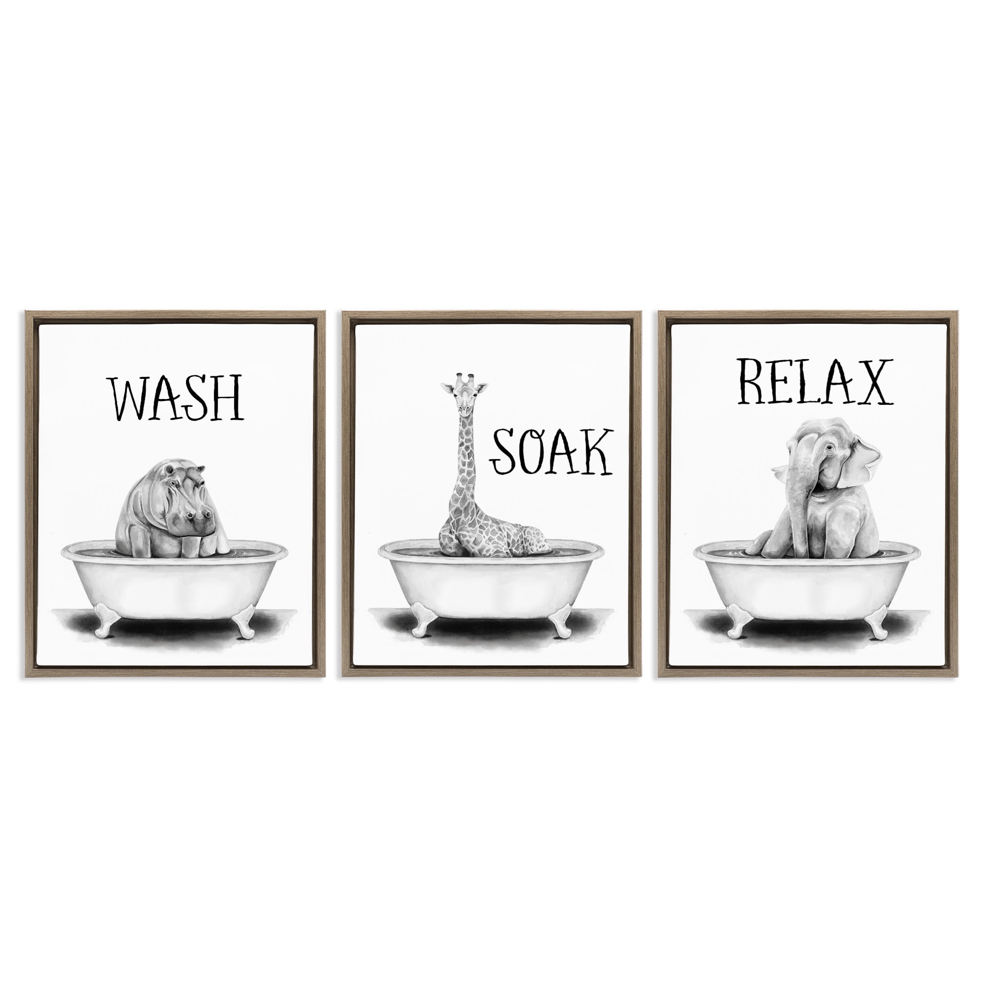 Stupell Industries Wash Soak Relax Jungle Animals Animals & Insects Painting Brown Floater Framed Canvas Art Print Wall Art, 25 x 31, Set of 3