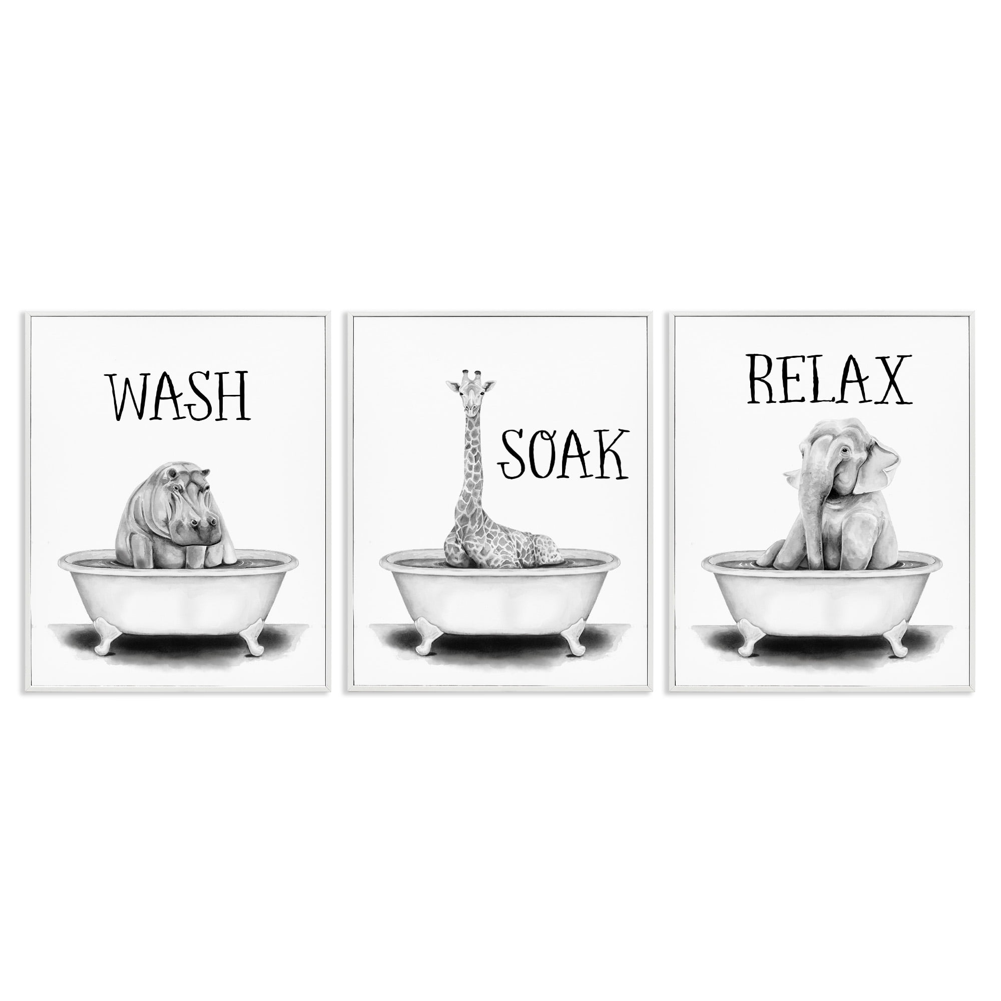 Stupell Industries Wash Soak Relax Jungle Animals Animals & Insects Painting White Framed Art Print Wall Art, 11 x 14, Set of 3