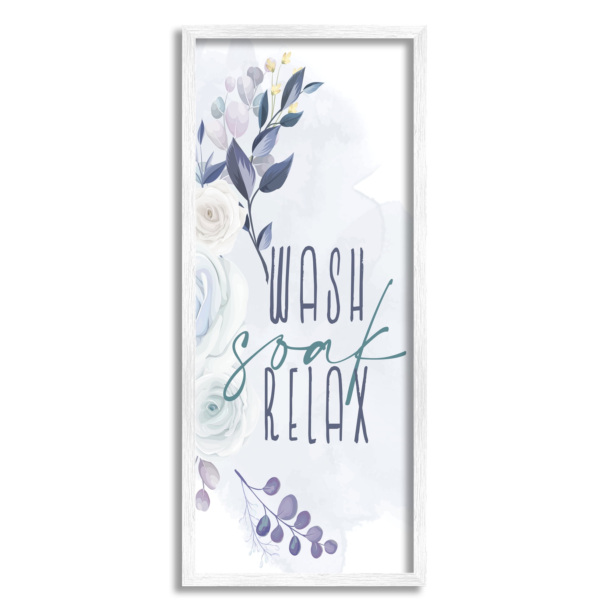 Stupell Industries Wash Soak Relax Sentiment Spring Roses Blooming Modern Painting White Framed Art Print Wall Art, 10 x 24, Design by Kim Allen