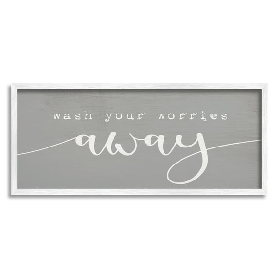Stupell Industries Wash Your Worries Away Phrase Bathroom Relaxation Modern Painting White Framed Art Print Wall Art, 10 x 24, Design by Daphne Polselli