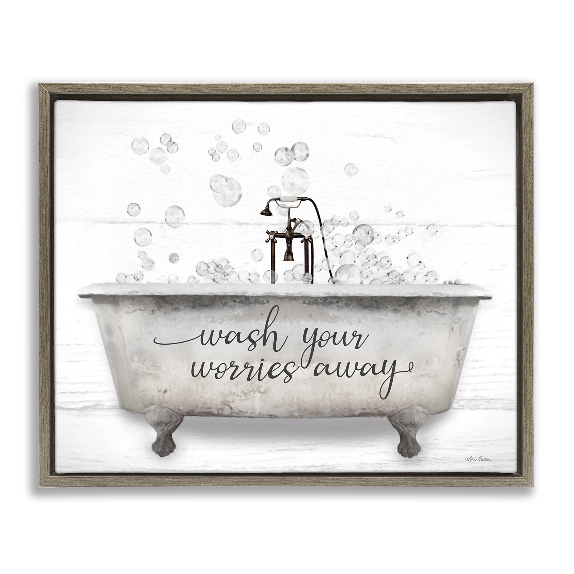 Stupell Industries Wash Worries Away Tub Bubbles Typography Painting Brown Floater Framed Canvas Art Print Wall Art, 21 x 17