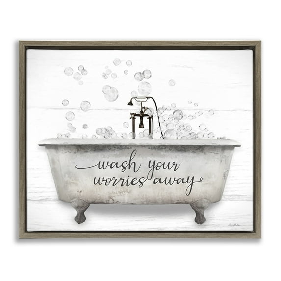 Stupell Industries Wash Worries Away Tub Bubbles Typography Painting Brown Floater Framed Canvas Art Print Wall Art, 31 x 25