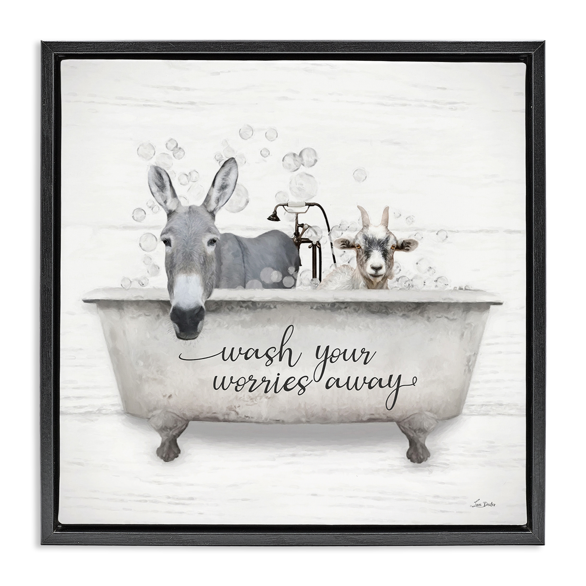 Stupell Industries Wash Worries Away Tub Typography Painting Black Floater Framed Canvas Art Print Wall Art, 18 x 18