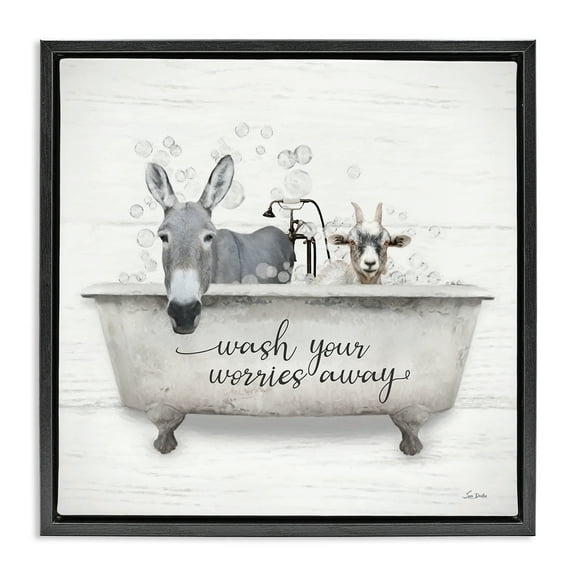 Stupell Industries Wash Worries Away Tub Typography Painting Black Floater Framed Canvas Art Print Wall Art, 18 x 18